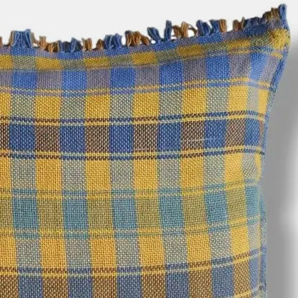 Yellow Blue Check with Fringe Square Pillow