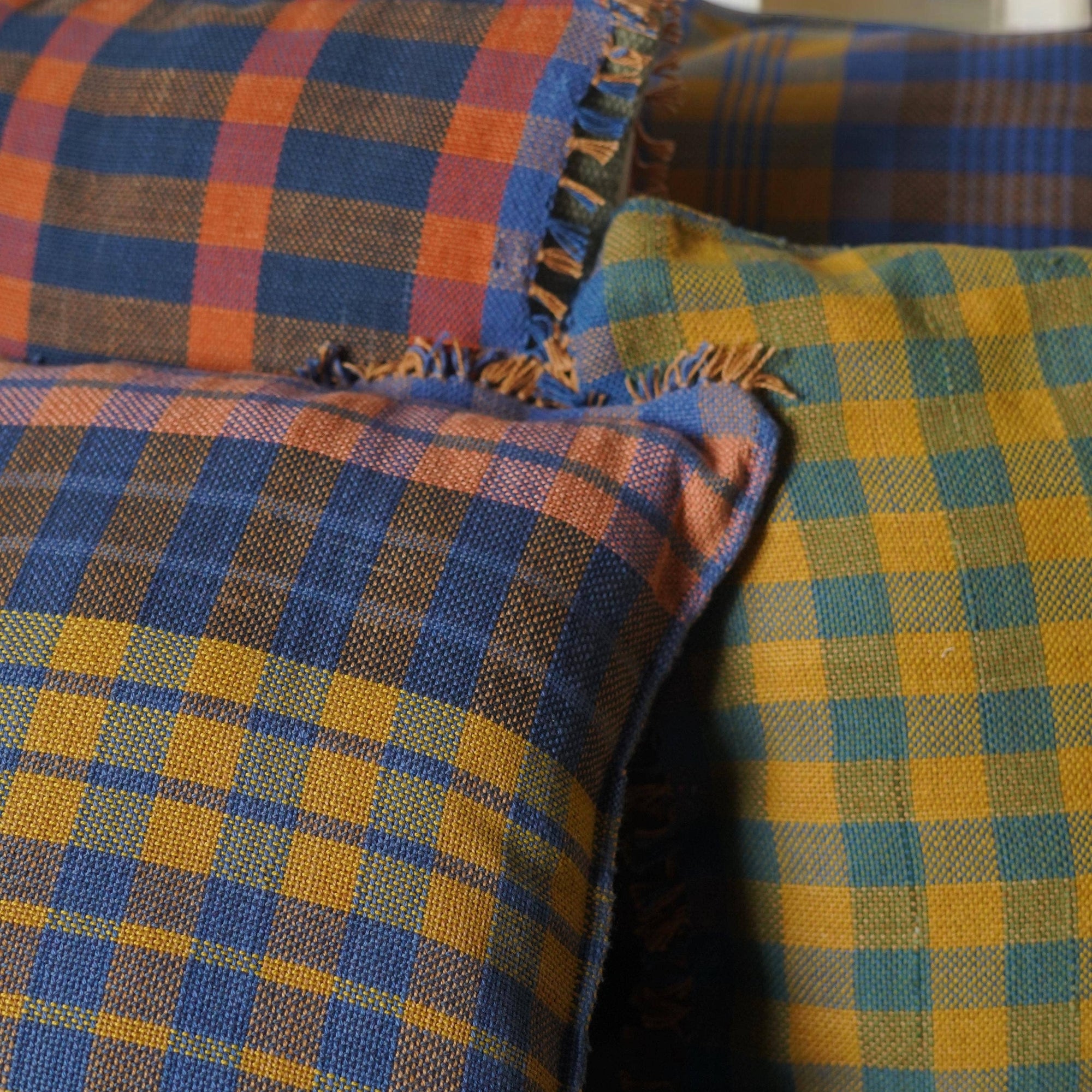 Black Blue Check with Fringe Square Pillow