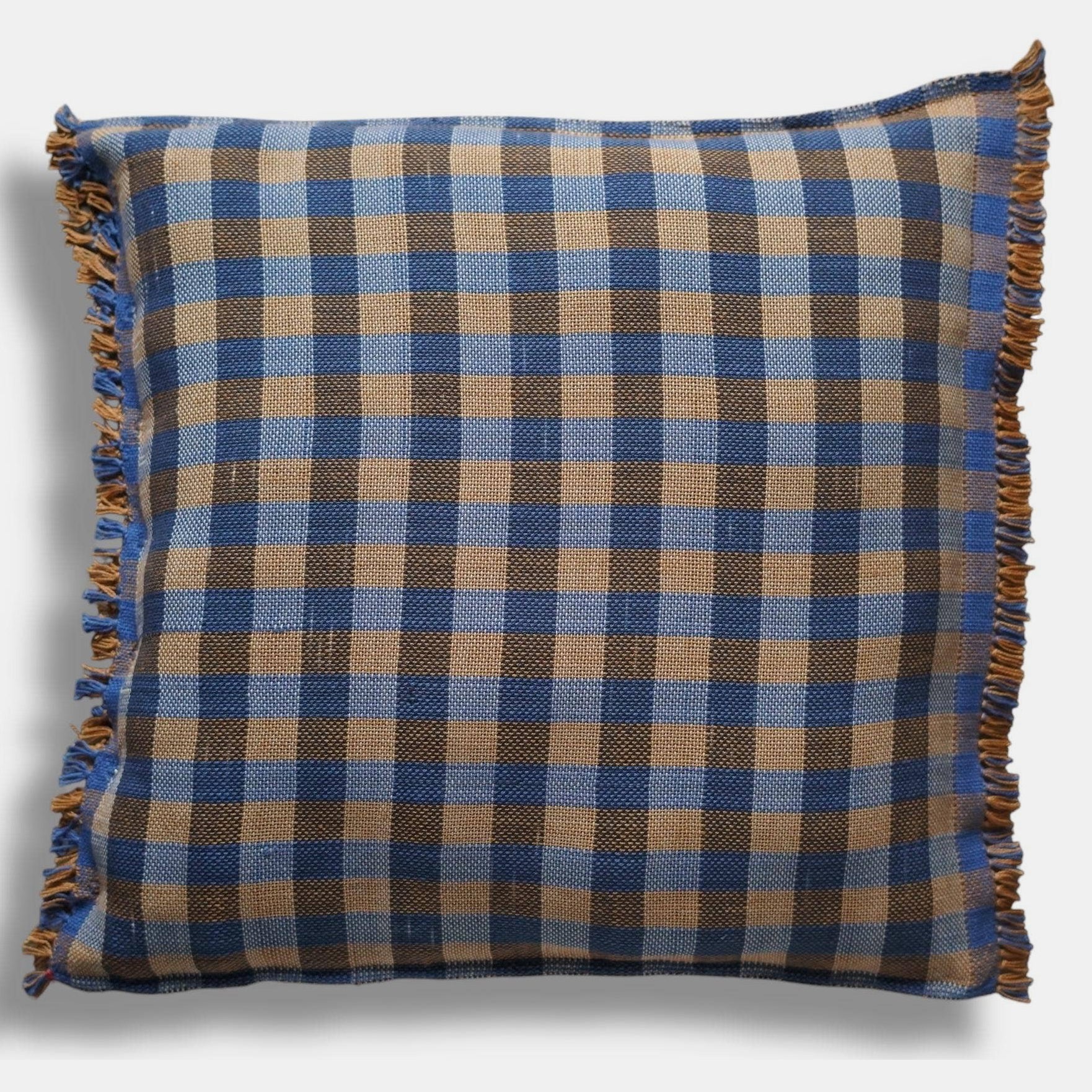 Black Brown Check with Fringe Square Pillow
