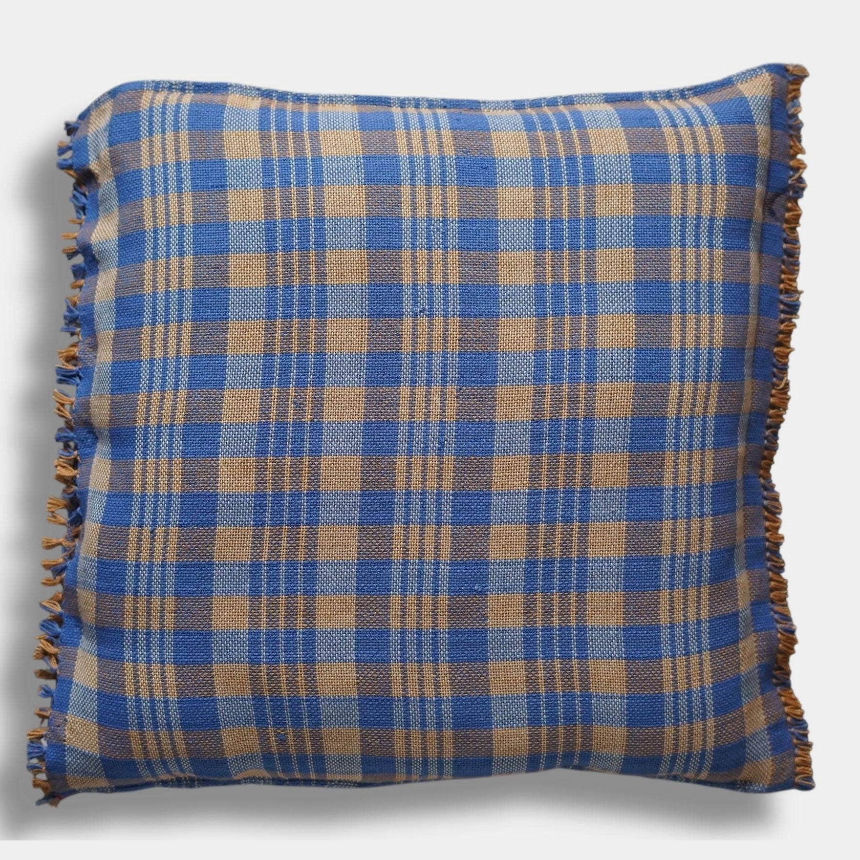 Blue Brown Check with Fringe Square Pillow