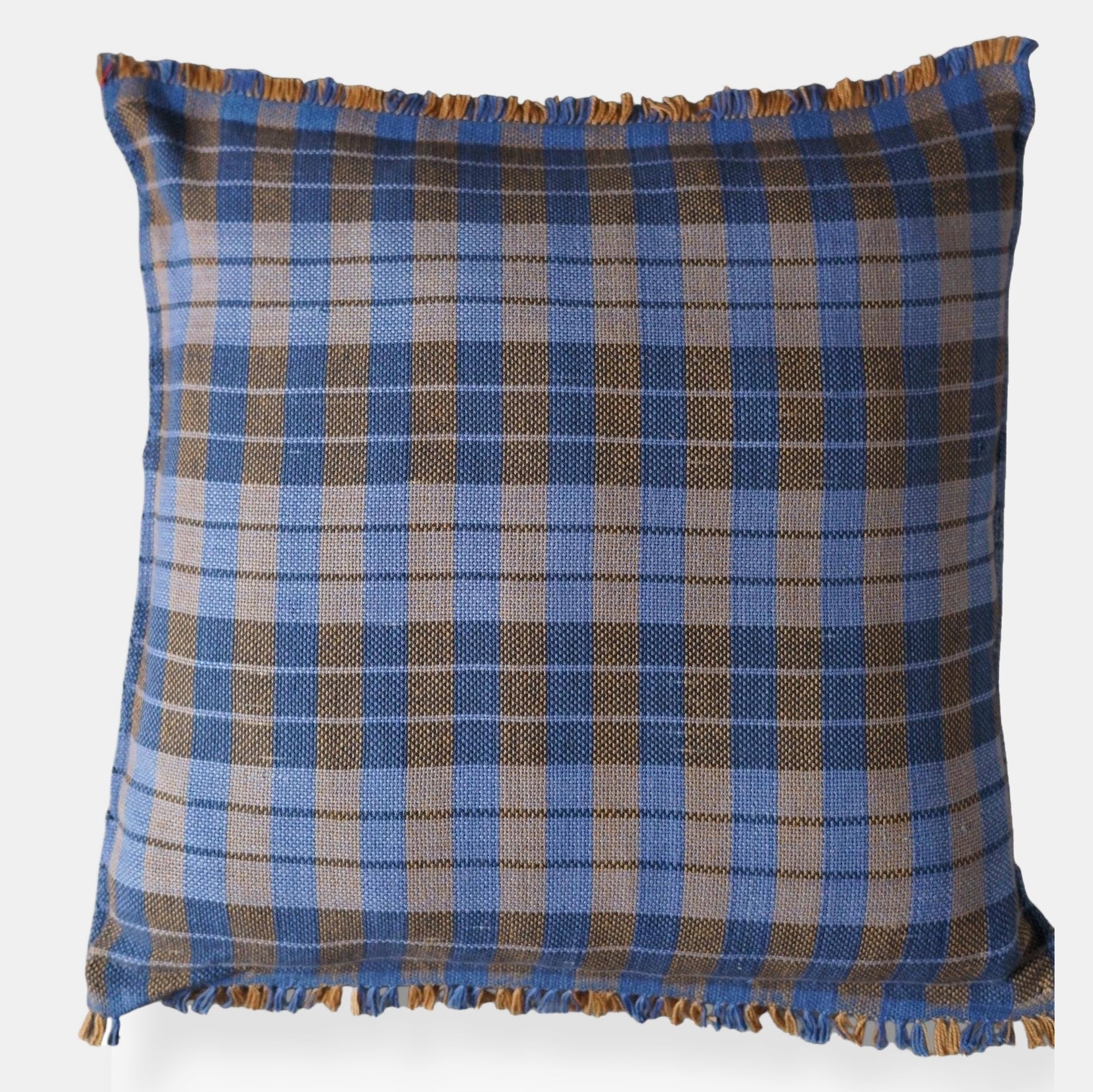 Black Blue Check with Fringe Square Pillow
