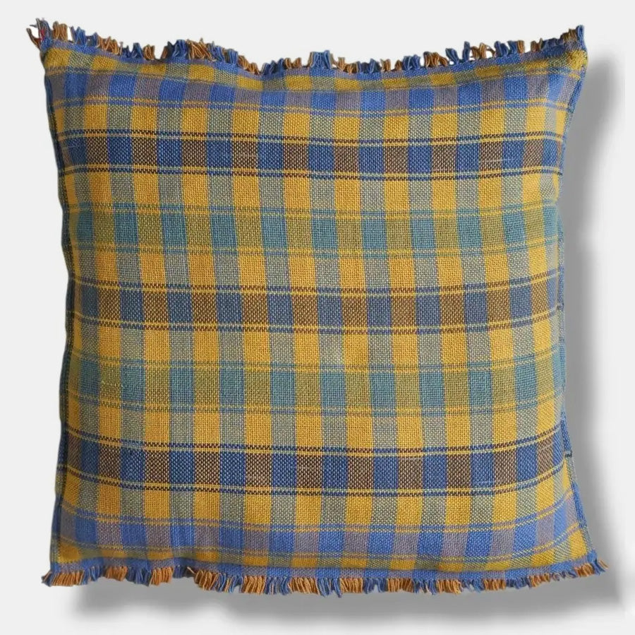 Yellow Blue Check with Fringe Square Pillow
