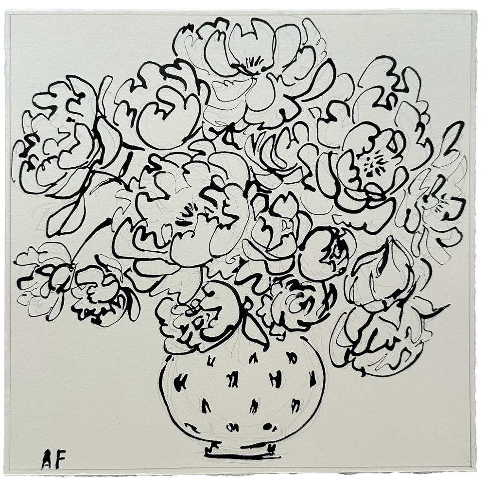 India Ink Peonies in Polka Dot Vase by Aislinn Forbes