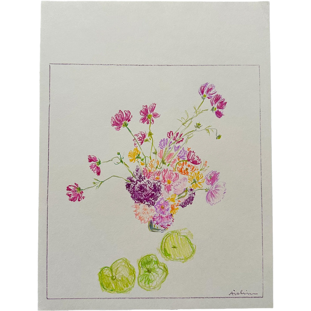 Cosmos and Tomato Still Life in Color by Aislinn Forbes