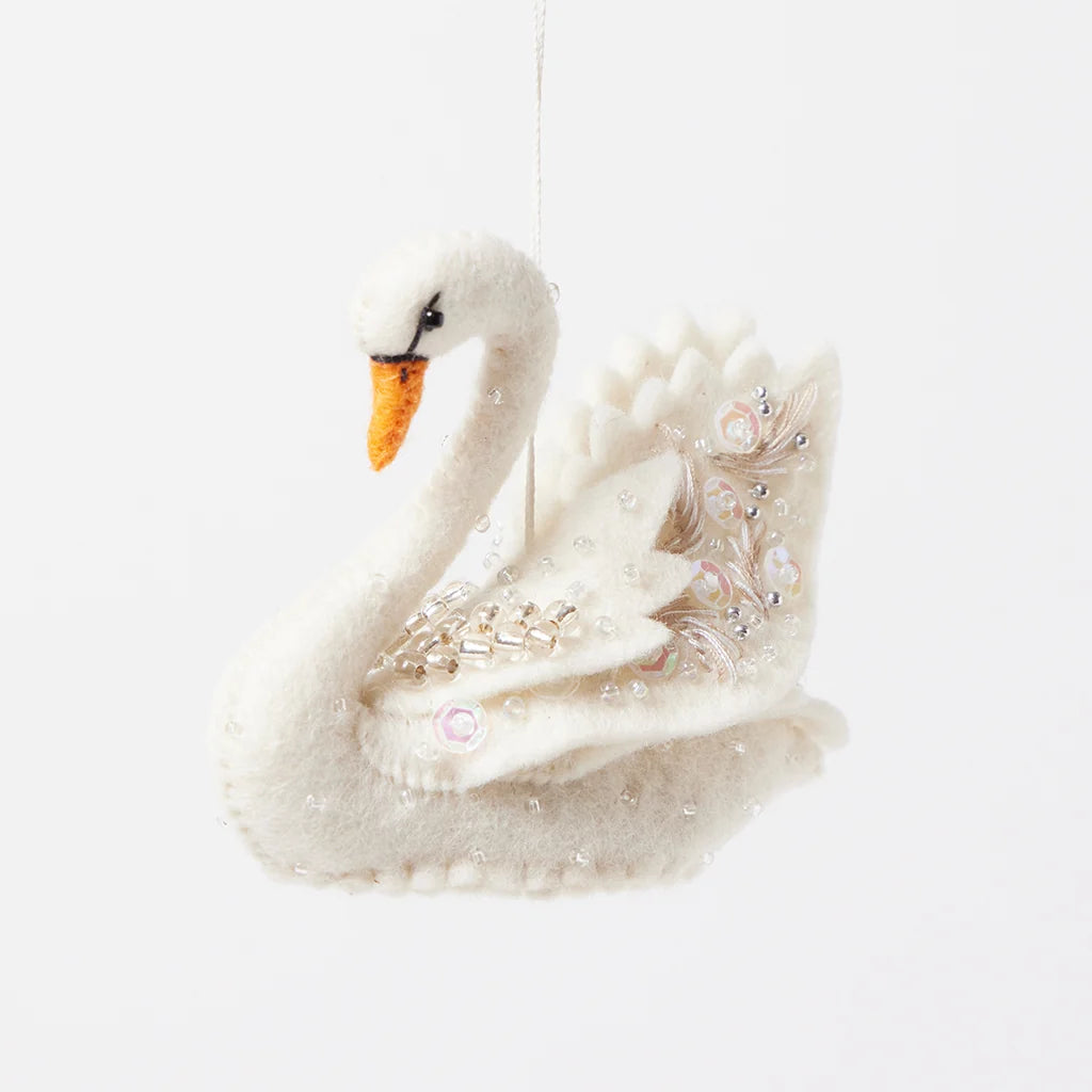 Shimmer Beaded White Swan Ornament