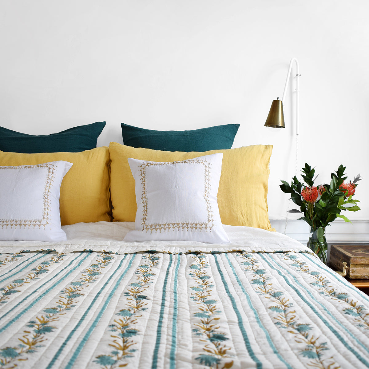 Linge Particulier Vintage Green Euro Linen Pillowcase Sham with a block printed quilt and gold pillowcases for a colorful linen bedding look in deep teal green - Collyer's Mansion