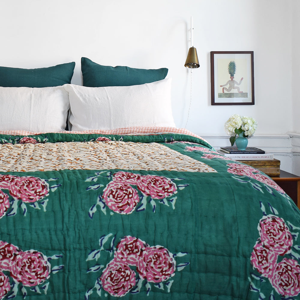 Linge Particulier Vintage Green Euro Linen Pillowcase Sham with a Lisa Corti quilt and gingham linen sheet for a colorful linen bedding look in deep teal green - Collyer's Mansion