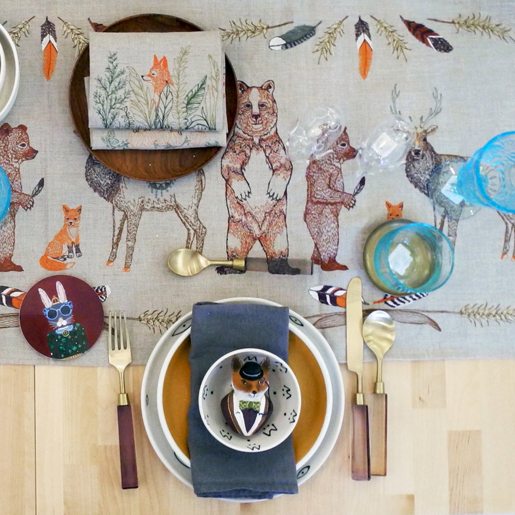 Fog Linen Round Brass Tray on Coral &amp; Tusk table runner with serveware - Collyer's Mansion